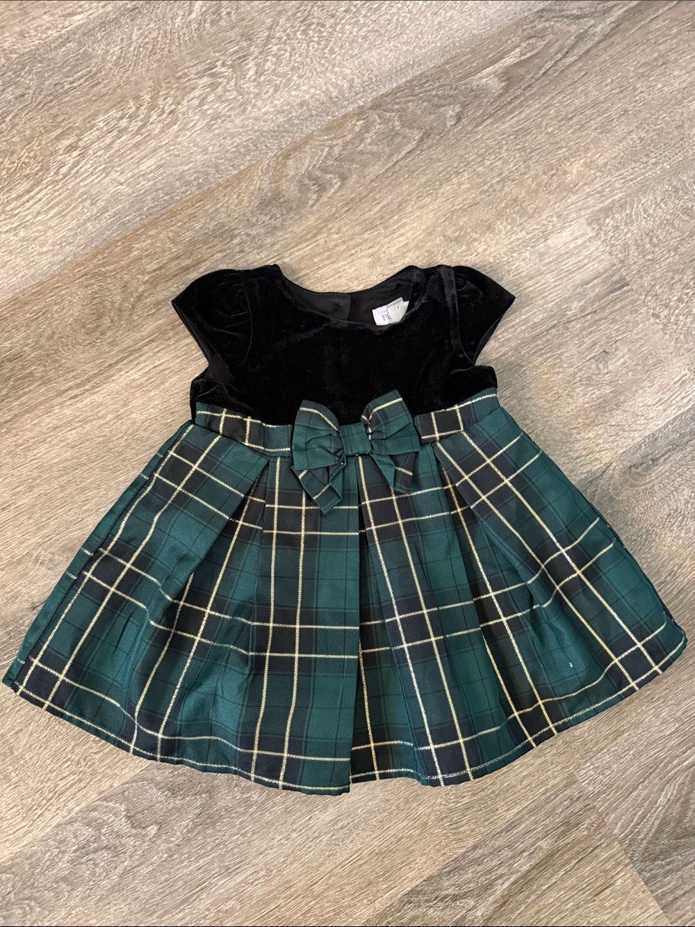 The Children's Place in 6-9 mos Black Velvet Bodice with Green Plaid Skirt Dress